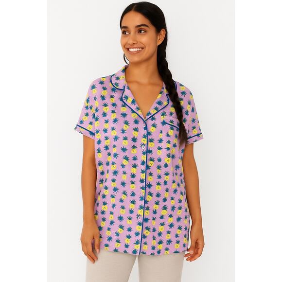 Roller Rabbit Pajama Top Pima Cotton Pink Pineapple Print Button Down Shirt | XL - Picture 1 of 9